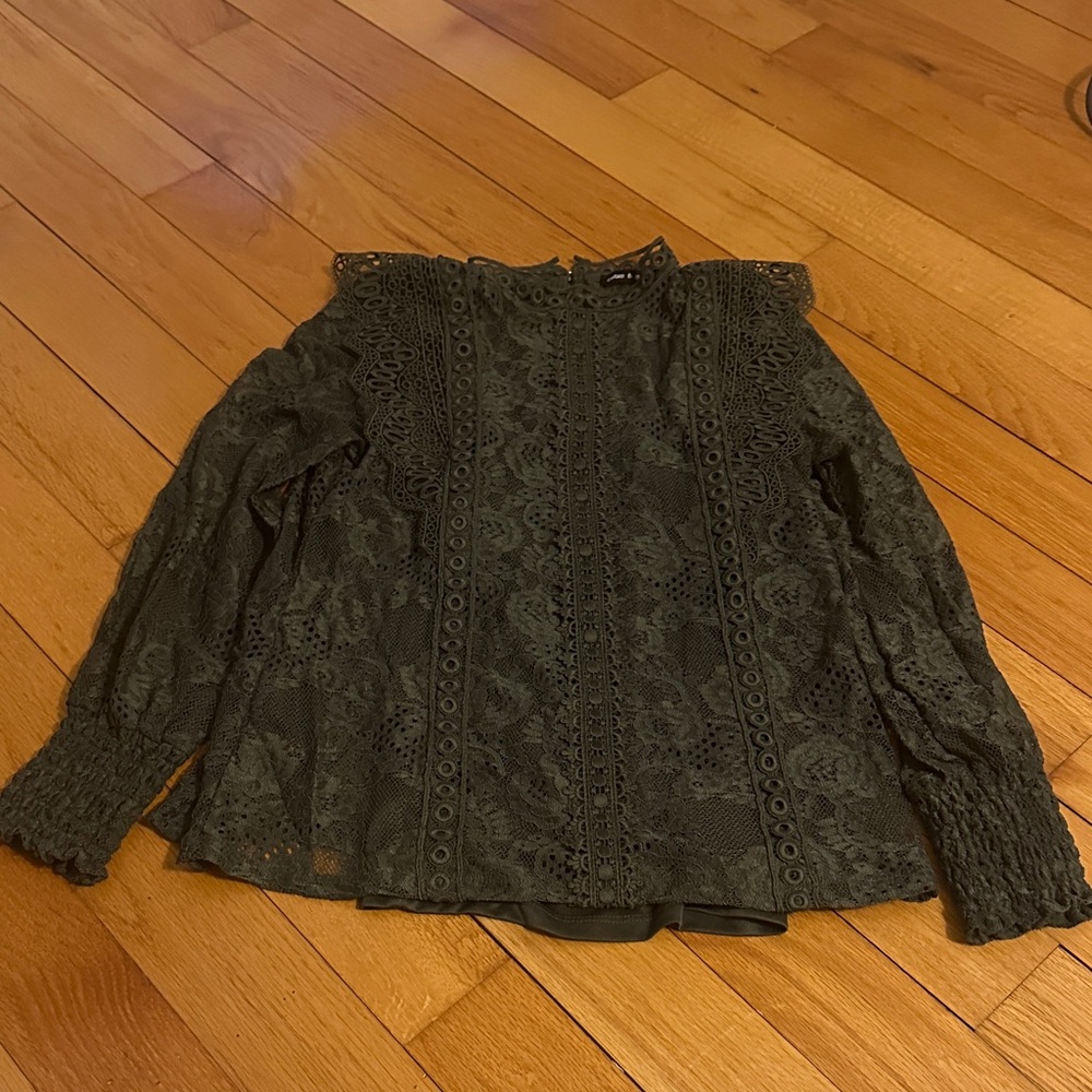 Cable & Gauge Black Lace Long-Sleeve Blouse with Crochet Panels